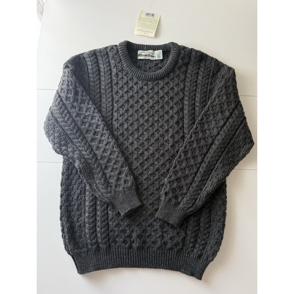Aran Crafts Men's Dark Gray Cable Knit 100% Wool Sweater Made in Ireland NWT XL